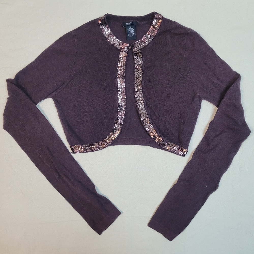 Y2K Rue21 Brown Sequin Trim Cropped Bolero Shrug Cardigan Embellished, Womens SM